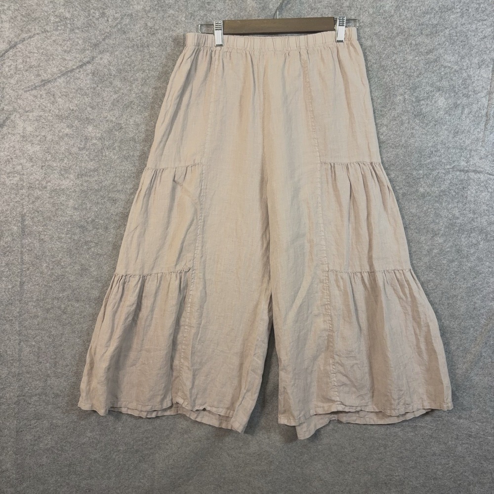 Match Point Wide Leg Linen Crop Pants Women Sz S Tan Pleated Tiered Lagenlook